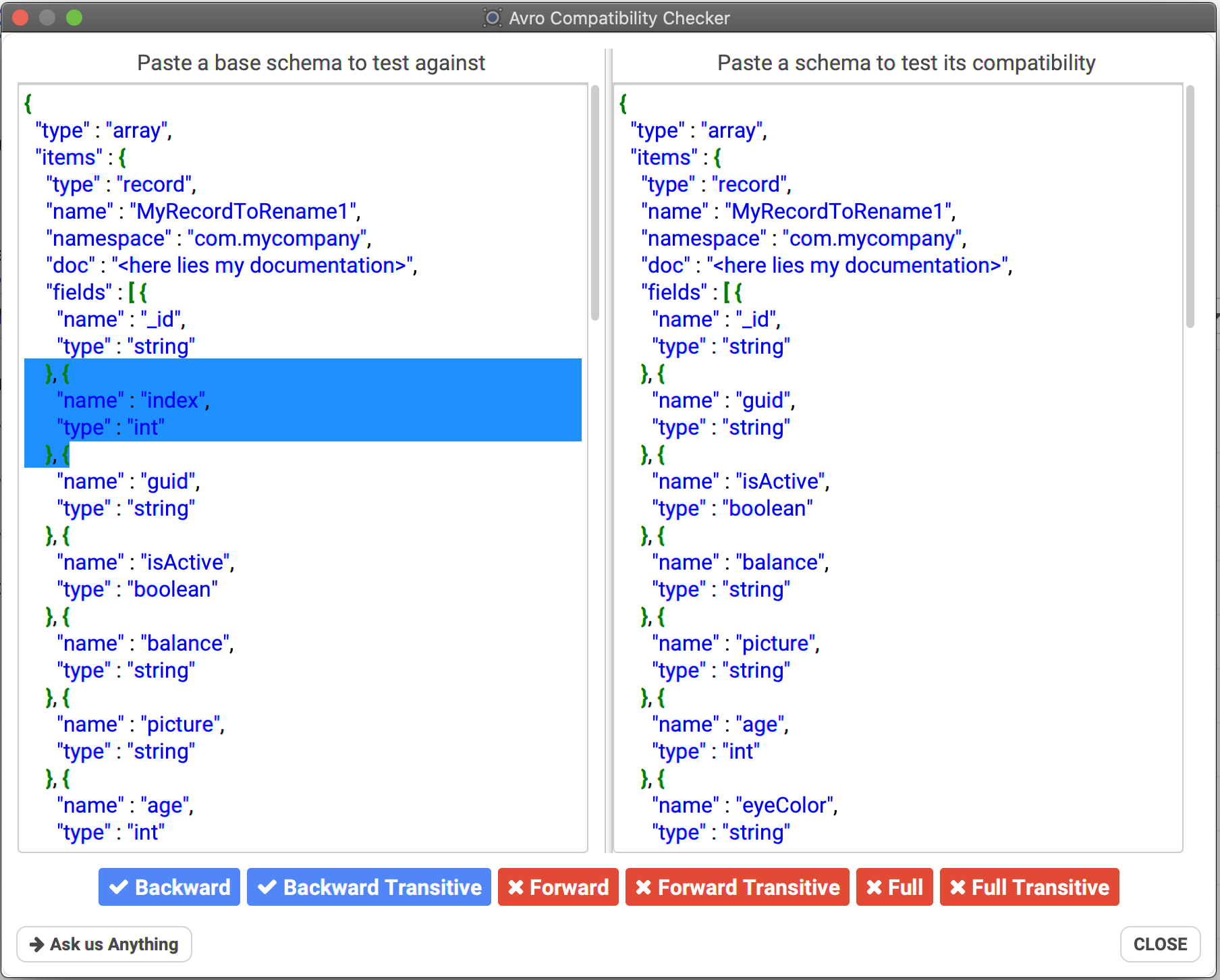 Removing &quot;index&quot; field makes the compatibility only Backward